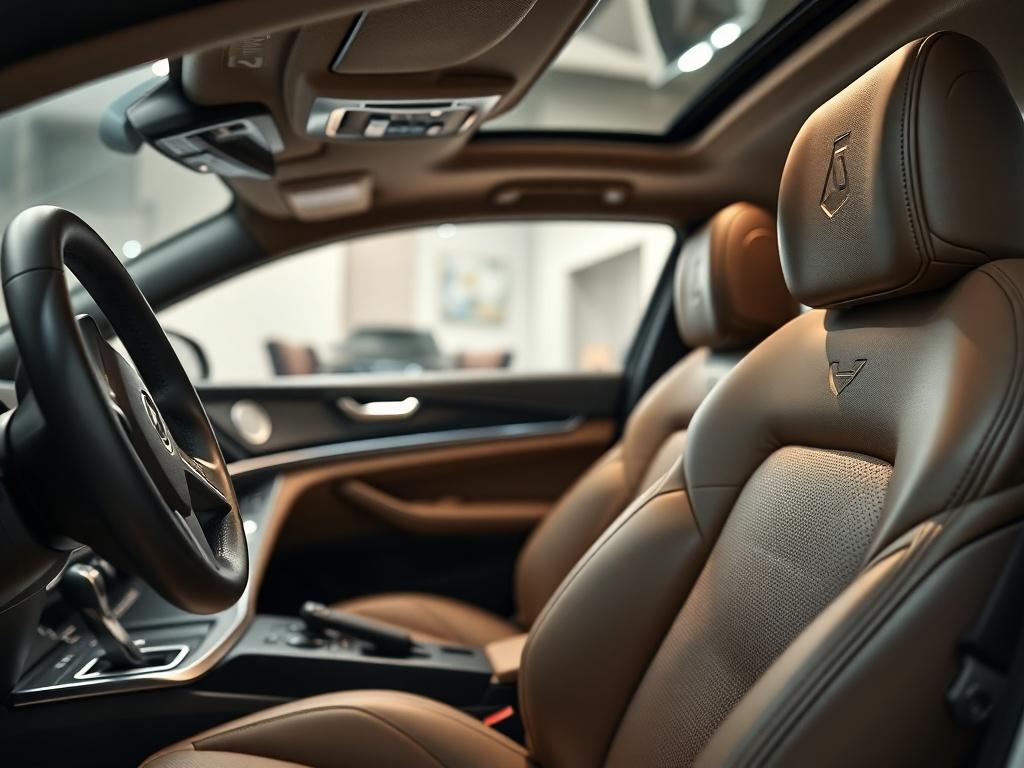 A luxurious car interior after a premium detailing, featuring spotless