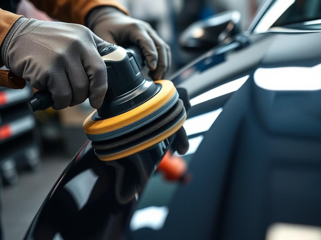 A close up shot of a technician performing paint correction