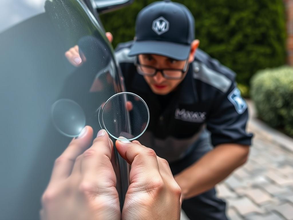 A realistic close up shot of a Maxx Detailing technician