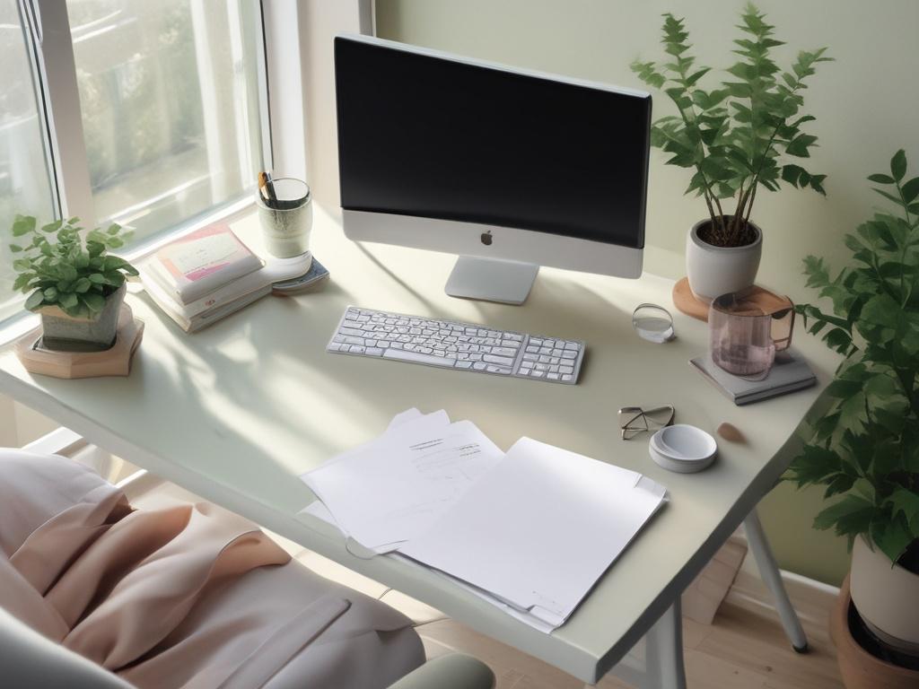 a peaceful workspace with a financial planner's desk, soft lighting,