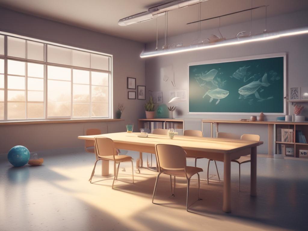 a calm classroom setting with a projector and workshop materials,