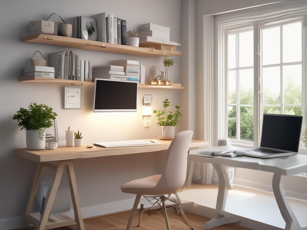 a serene home office with a laptop on a desk,