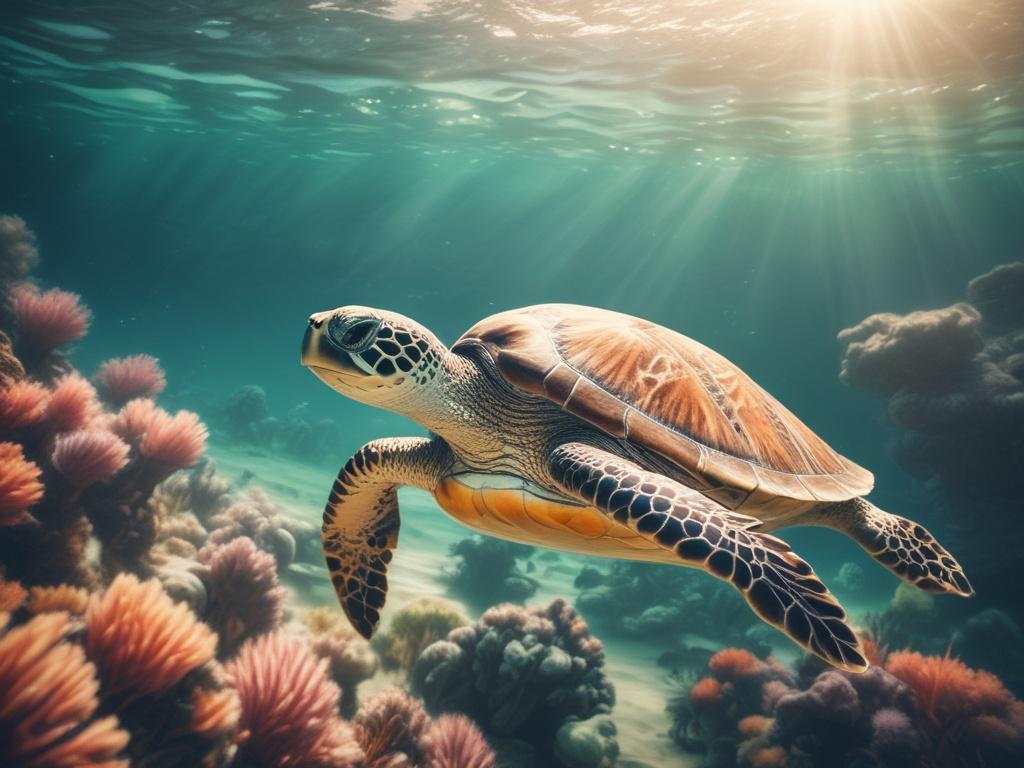 A tranquil underwater landscape featuring a single, graceful sea turtle