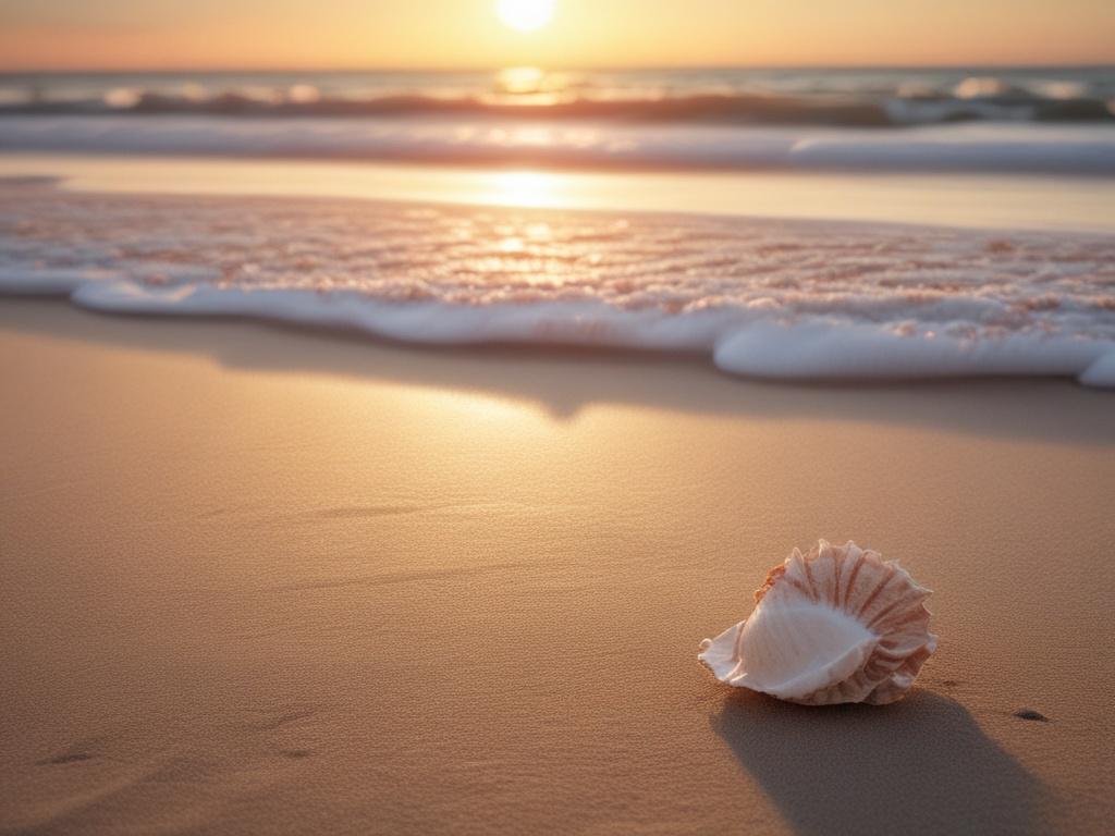 An inviting beach scene at sunset, with gentle waves lapping