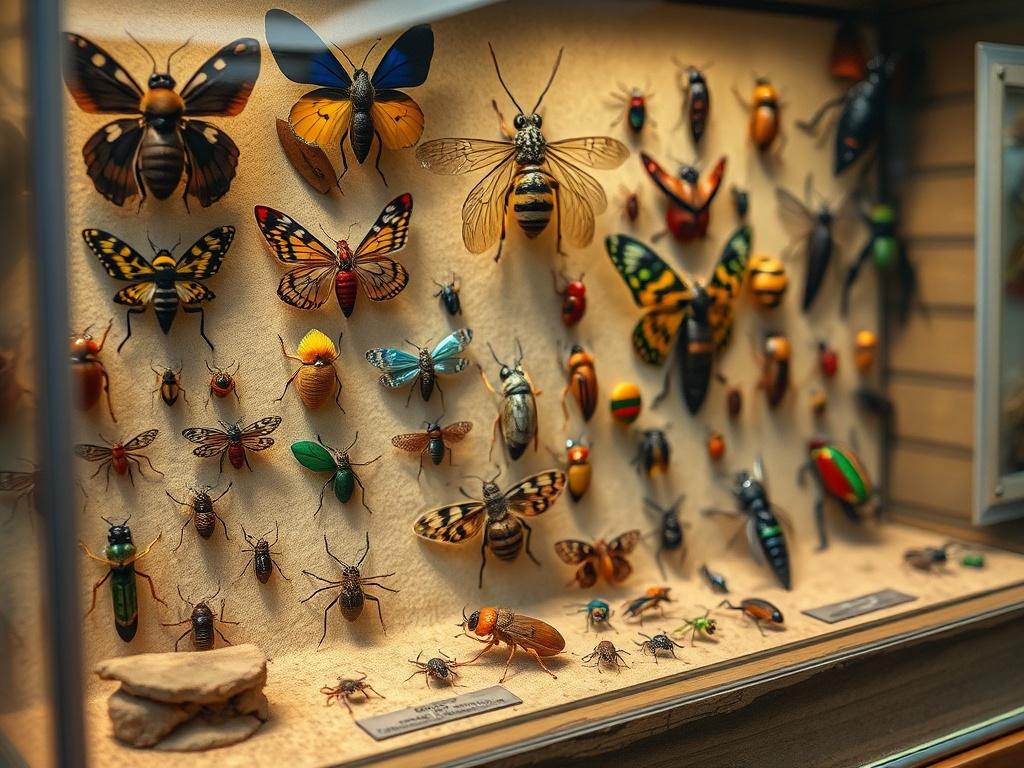 A realistic high-resolution photo of a vibrant and diverse entomology collection showcasing various insect specimens in a display case. The background should be softly focused to emphasize the details of the colorful insects, with natural earthy tones and textures enhancing the rustic aesthetic. The lighting should highlight the specimens, creating an inviting and educational atmosphere.
