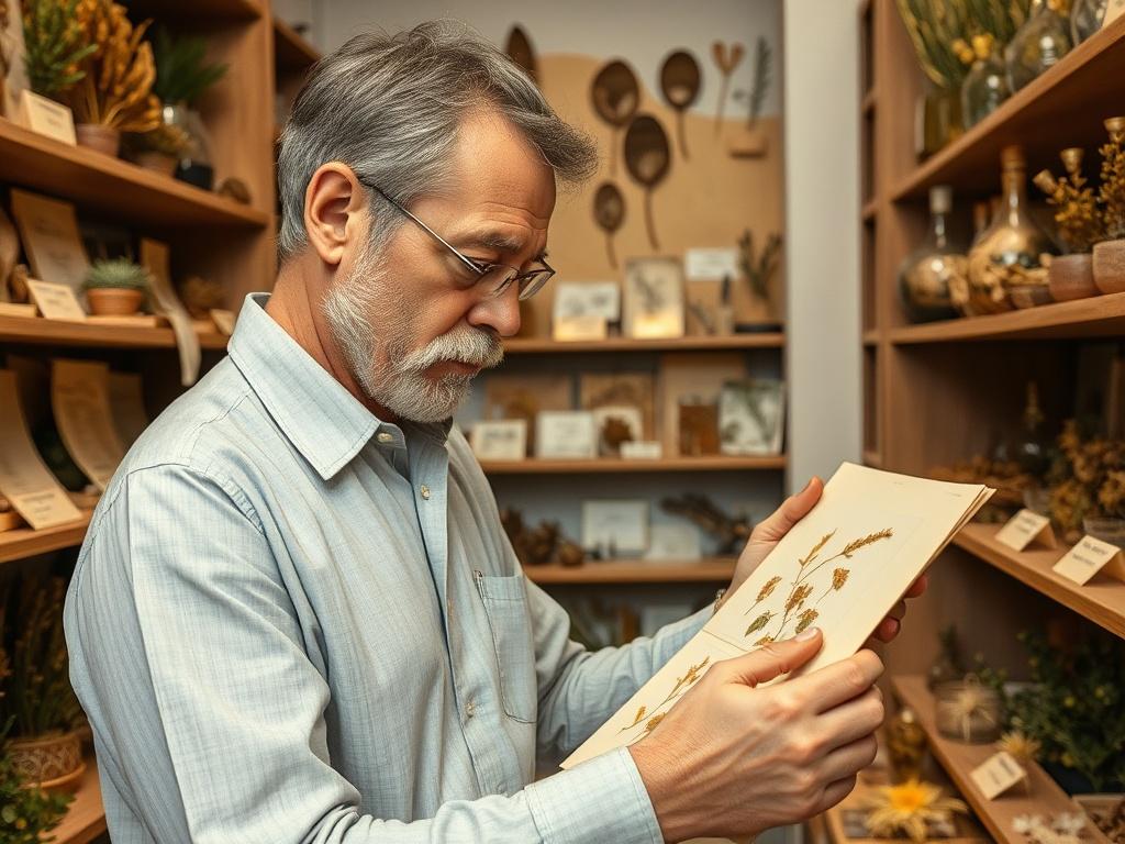 A high-resolution photo of a person examining herbarium specimens in a natural history collection room. The background features shelves with organized plant samples and earthy textures, showcasing the beauty of botanical collections.