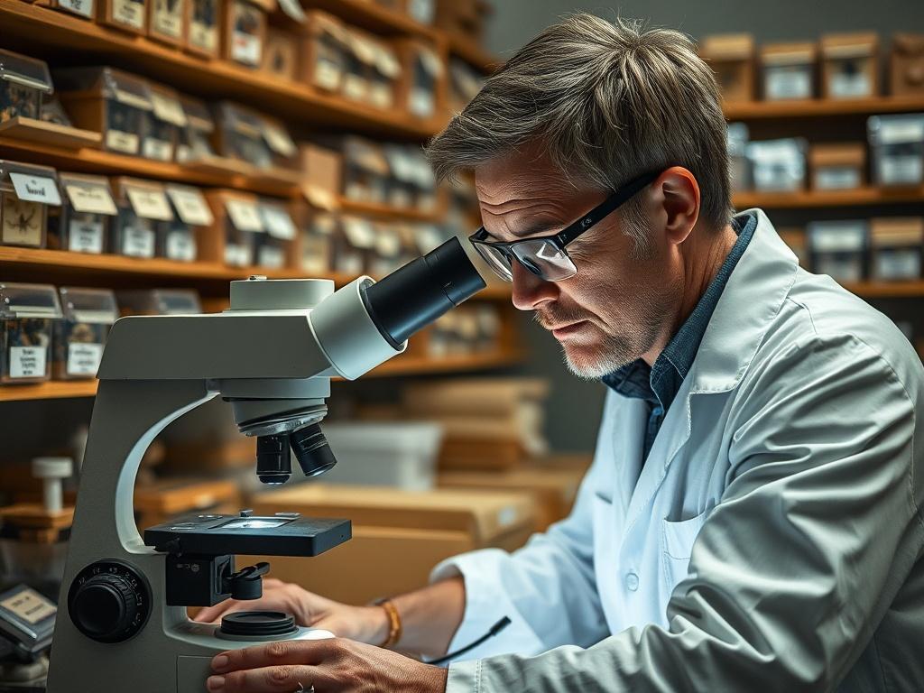 A high-resolution photo of a researcher examining insect specimens under a microscope in a laboratory setting. The background contains shelves filled with insect collection boxes, highlighting the diversity of entomological specimens.