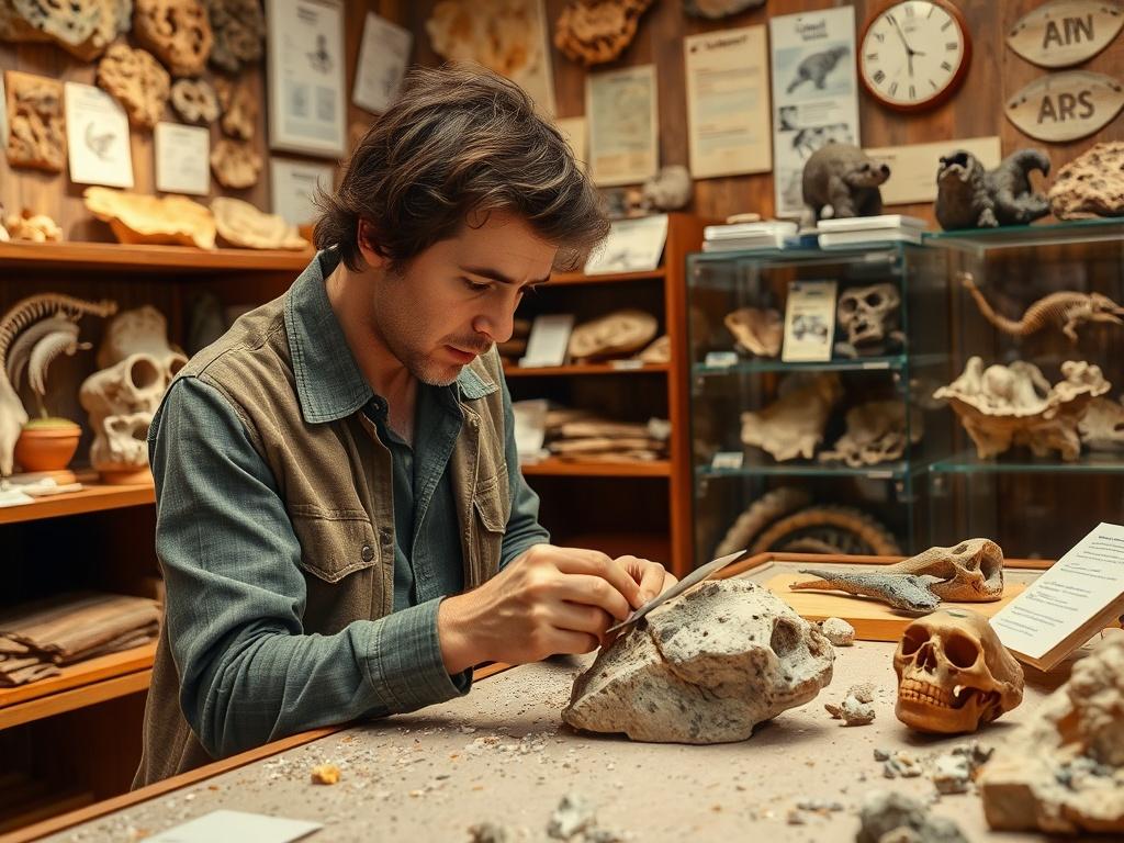 A high-resolution photo of a person examining a fossil in a natural history collection. The background features geological samples and educational materials, creating a rich learning environment.