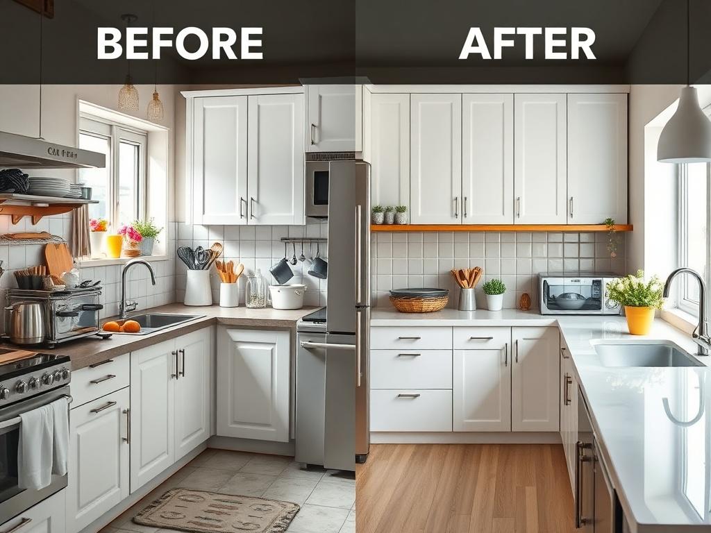 A striking high resolution image showing a kitchen before and