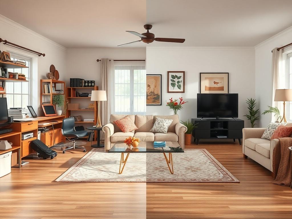 A high resolution showcasing a living room before and after