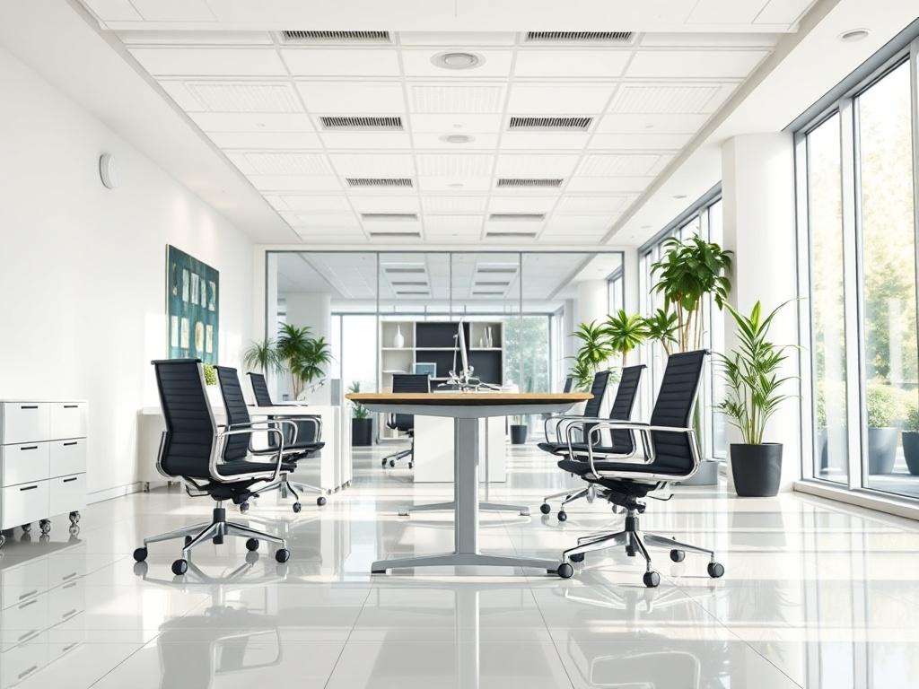A hyper realistic image of a gleaming office space with