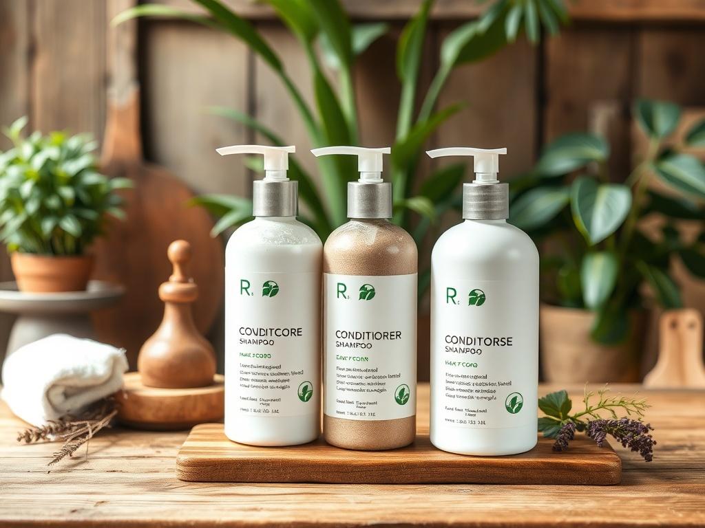 A realistic of an eco friendly hair care set consisting