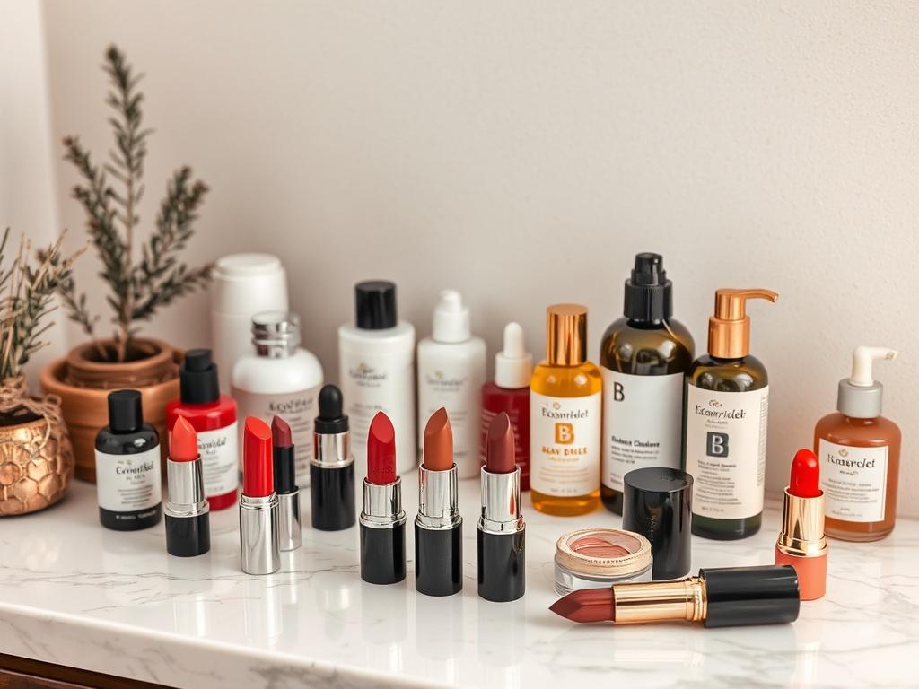 A realistic showcasing an array of Black owned beauty products,