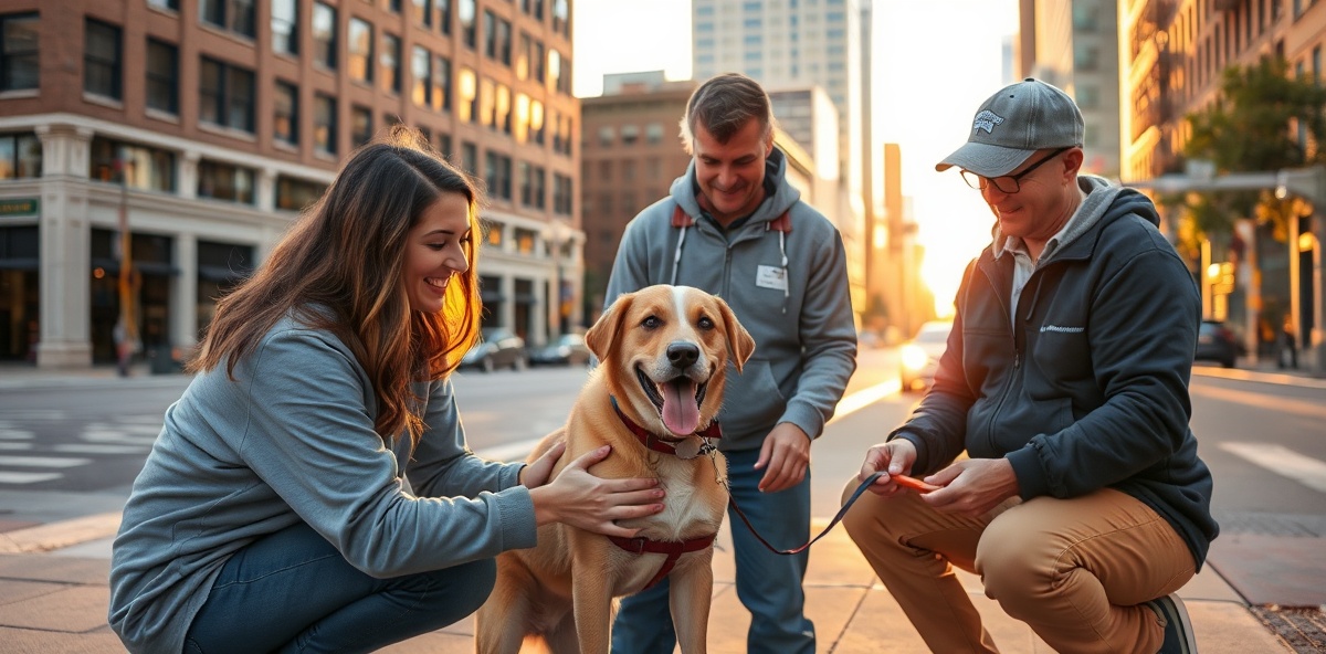 Volunteers helping a stray dog in Kansas City