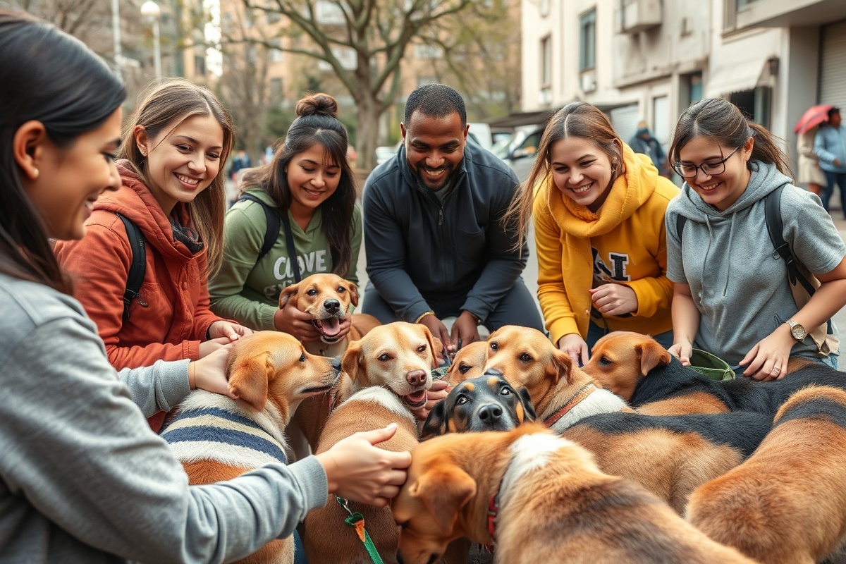 Volunteers helping and feeding homeless dogs together