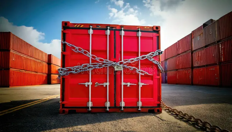 red-shipping-container-secured-heavy-chains-storage-yard-filled-similar-containers-under-blue-sky-388842148.webp