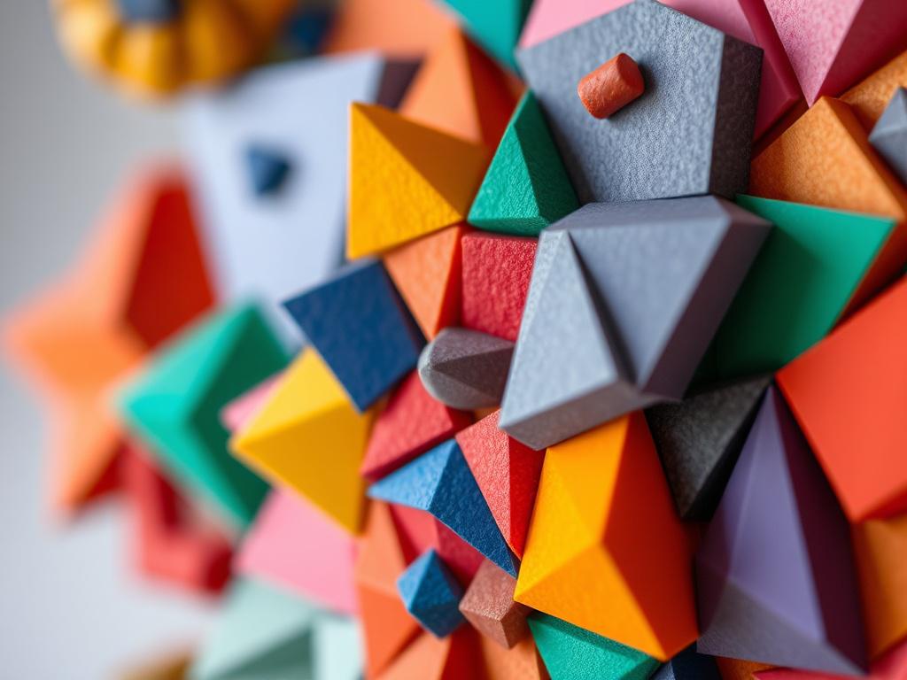 A close-up shot of a geometric color study, showcasing a variety of shapes and vibrant colors arranged in a harmonious composition. The focus should be on the intricate details and the relationship between colors and forms. The background should be softly blurred to highlight the artwork, captured in high resolution with a 45mm f/1.2 lens.