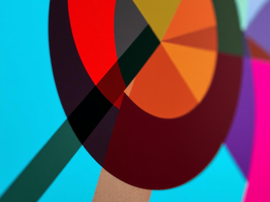 A close-up shot of a vibrant abstract geometric art piece, featuring intersecting shapes and bold colors reminiscent of Josef Albers. The composition should be simple and clear, focusing on the intricate details and textures of the artwork. The background should be soft and blurred to emphasize the artwork's colors and forms, captured in high resolution using a 45mm f/1.2 lens.