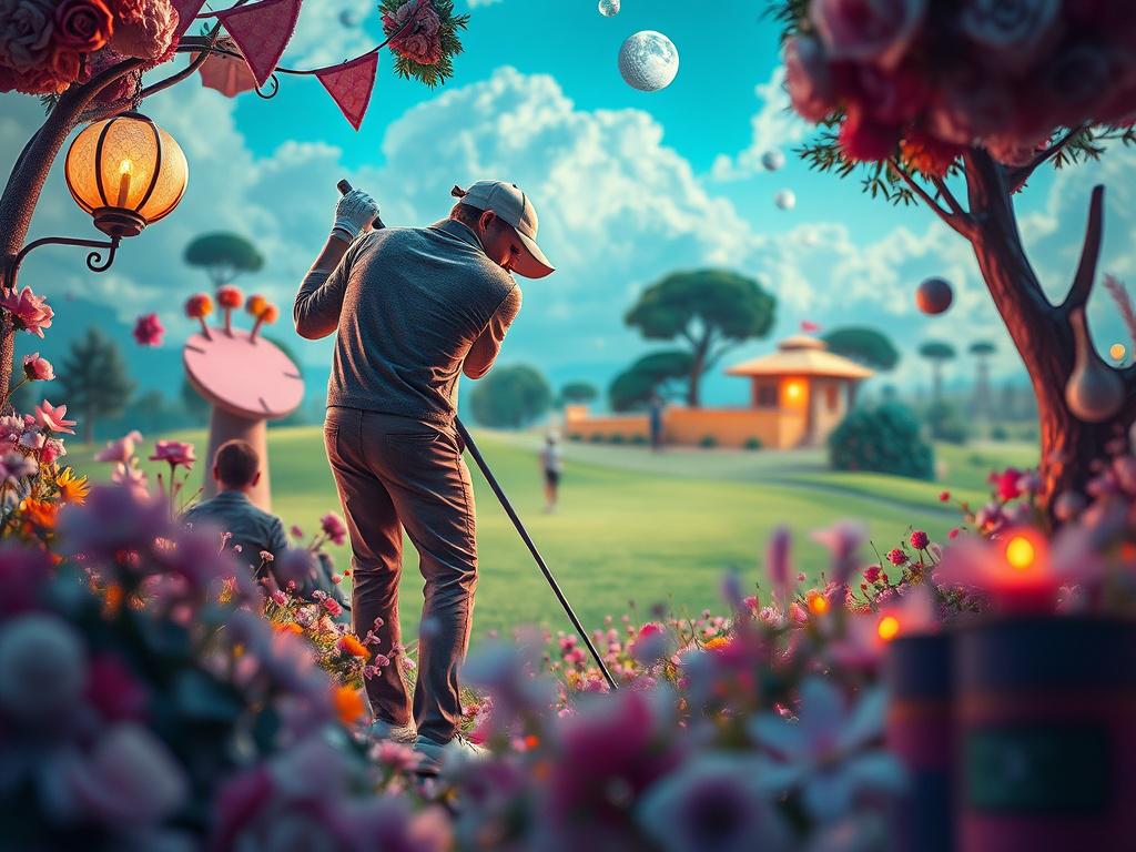 A close-up shot of a surrealistic artwork depicting a golfer in an imaginative setting, surrounded by dreamlike elements that blend reality and fantasy. The focus should be on the vibrant colors and intricate details of the scene, creating a visually engaging experience. The background should be softly blurred, enhancing the main subject and captured in high resolution with a 45mm f/1.2 lens.