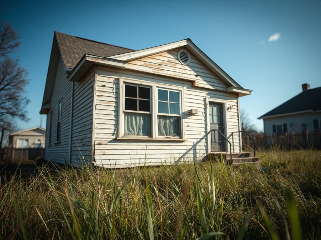 A close up shot of a distressed single family house