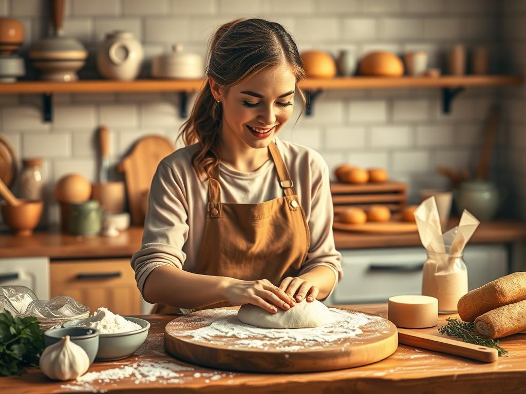 A cozy baking scene featuring Emma, a passionate baker, in