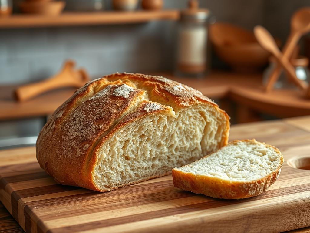 A freshly baked sourdough bread loaf resting on a wooden