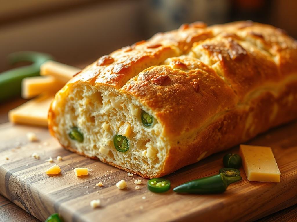 A fresh loaf of cheddar jalapeño bread placed on a