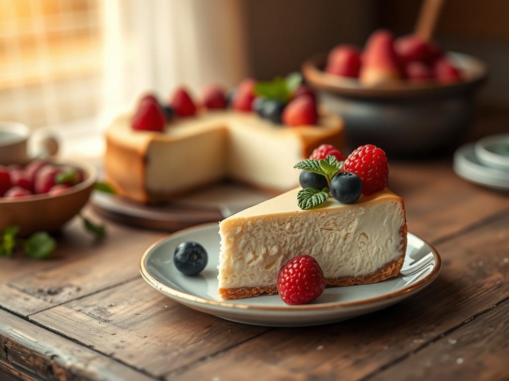A high-resolution photo of a beautifully plated slice of homemade cheesecake, topped with fresh berries and a mint leaf, placed on a rustic wooden table. The background features a soft, cozy atmosphere with warm, golden lighting that highlights the texture of the cheesecake and enhances the inviting feel of the scene.