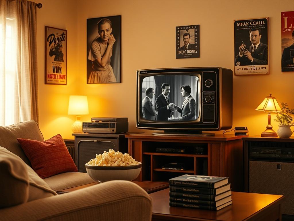 A cozy living room with a vintage TV displaying a classic black and white movie. Soft golden lighting creates a warm atmosphere, with a comfortable couch and a bowl of popcorn nearby. The walls are adorned with vintage movie posters, and a small stack of classic DVDs is on the table. The scene evokes nostalgia and warmth, reminiscent of classic cinema.