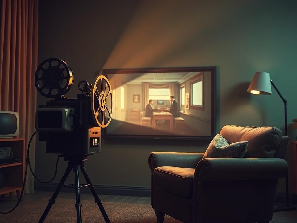 A film reel unwinding on a vintage projector, casting a beam of light onto a wall showing a classic movie scene. The setting is intimate with dimmed lights, creating an atmosphere of nostalgia and warmth. A comfy chair sits nearby, inviting viewers to sit back and enjoy the movie.