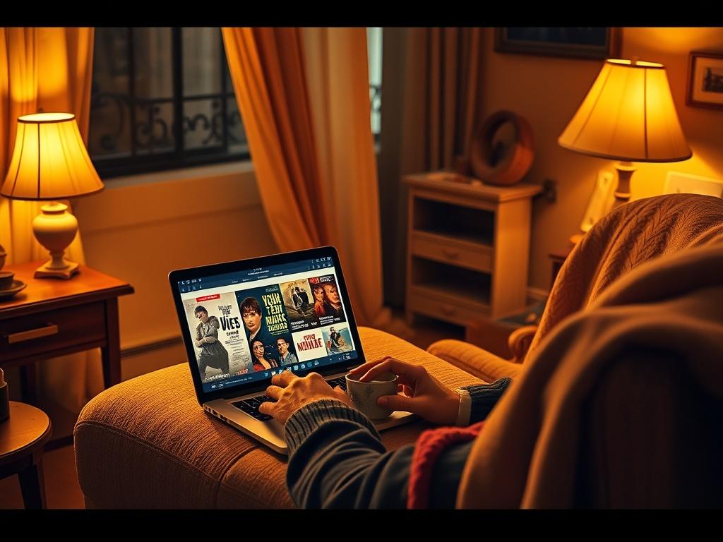 A person browsing a vintage-style website on a laptop, with classic movie posters displayed on the screen. The room is warmly lit, with a cozy blanket draped over a chair, and a cup of tea on the table. The atmosphere is inviting and encourages exploration of cinematic treasures.