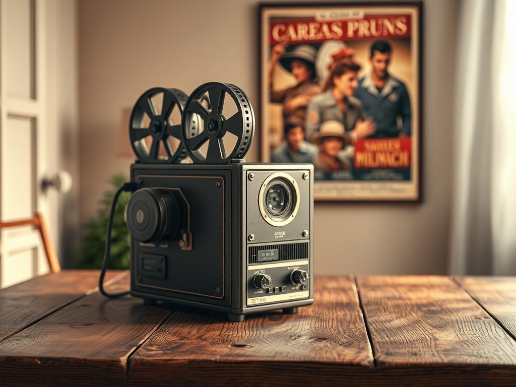 Create a realistic high-resolution image that embodies the essence of classic cinema for a blog titled "Las Mejores Películas Clásicas para Ver en Cine Plus." The composition should be simple and clear, focusing on a single subject: an elegantly designed vintage film projector placed on a well-worn wooden table. The projector should have intricate details, showcasing its vintage charm, with soft golden tones and gentle lighting to enhance the nostalgic feel.

In the background, include a subtle blur of a cl
