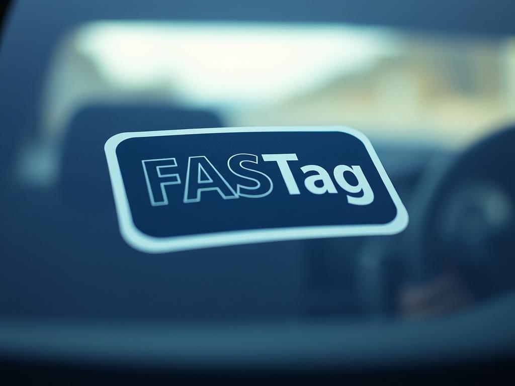 A realistic high-resolution photo of a FASTag sticker on the windshield of a car, with a close-up focus on the tag. The background should be blurred out to emphasize the FASTag. The image should capture the essence of vehicle toll management, showcasing the tag's importance for seamless travel. The colors should be vibrant, and the overall composition should be clear and simple, highlighting the FASTag as the main subject.