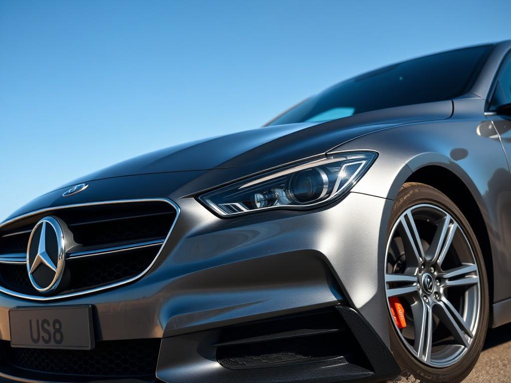 A hyper-realistic close-up shot of a sleek used car parked outdoors with a clear blue sky in the background. The car is shiny and well-maintained, showcasing its elegant design. The focus is on the car's front grille and headlights, emphasizing its modern look, while the composition captures the essence of adventure and mobility.