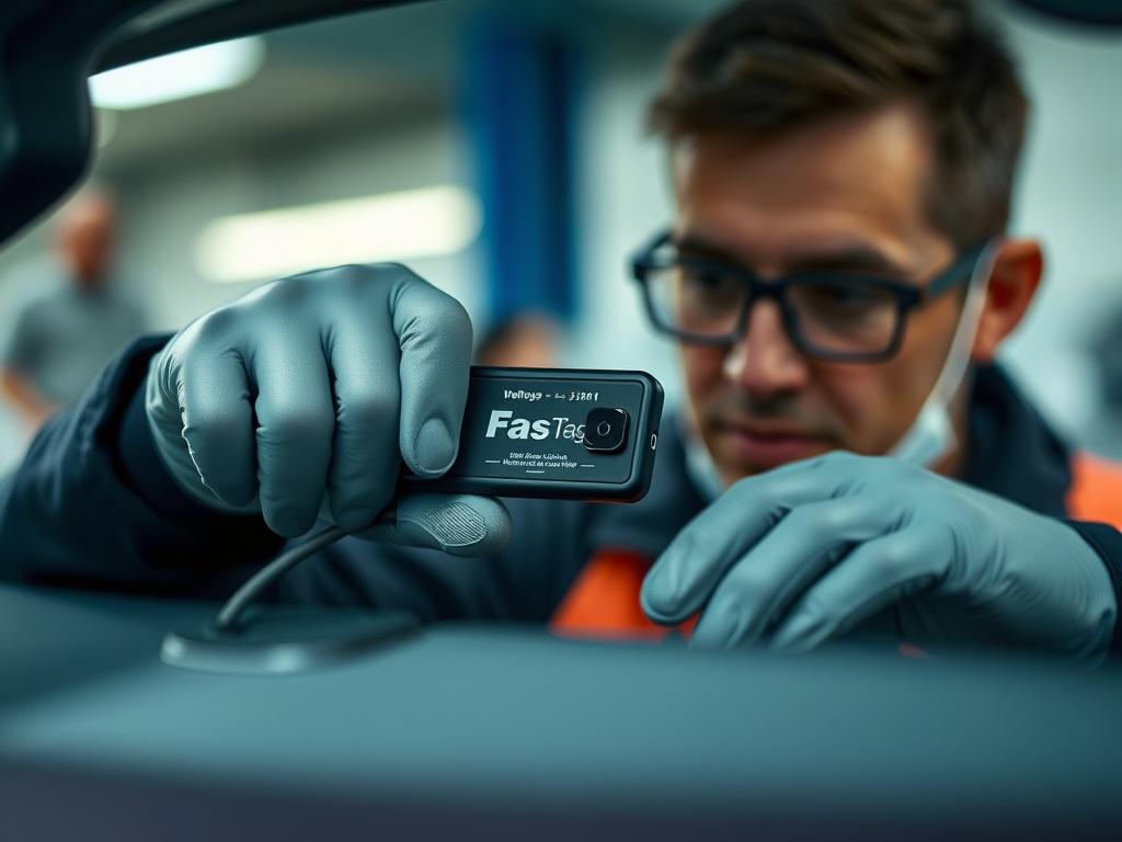 A close-up shot of a technician installing a FASTag device on a car windshield. The technician is focused and wearing gloves, showcasing professionalism. The background is slightly blurred but hints at a vehicle service center, creating context. The image highlights the FASTag device clearly, emphasizing its importance in vehicle transactions. Natural light illuminates the scene, ensuring clarity and focus on the installation.