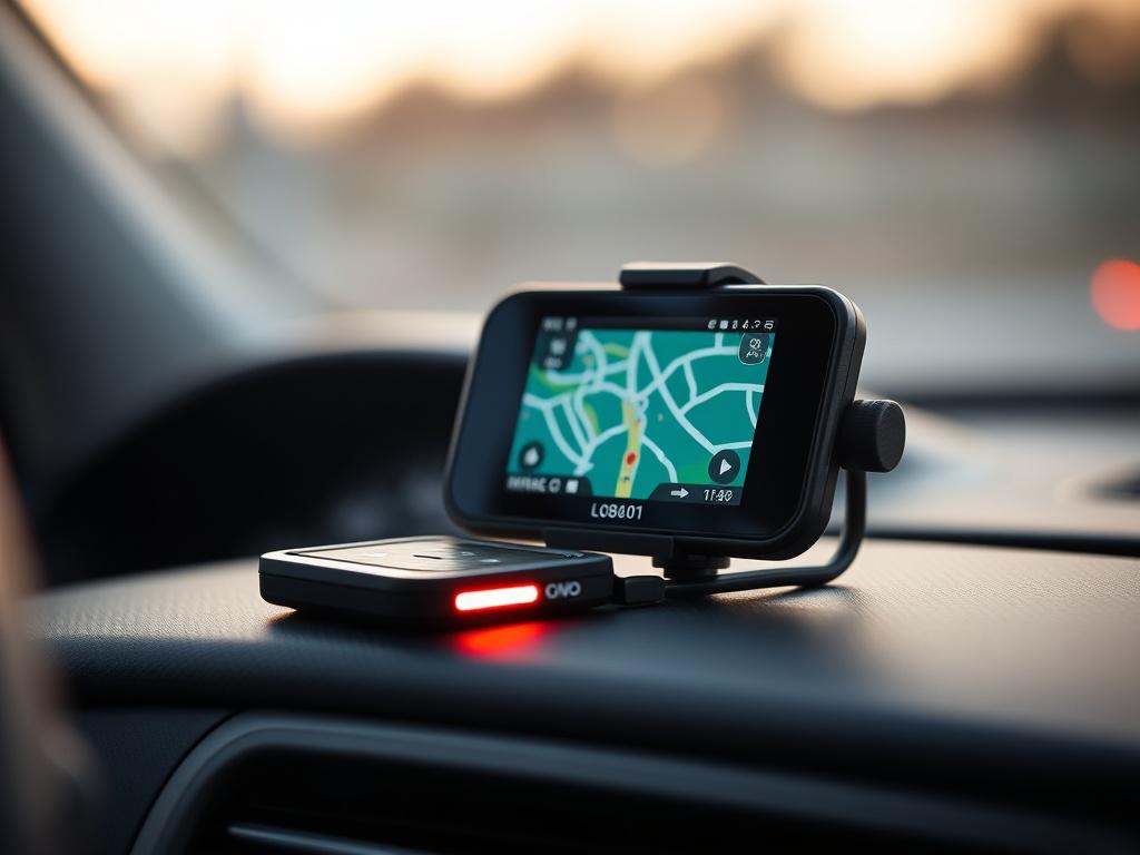 A close-up shot of a GPS tracking device displayed on a car dashboard. The device is lit up, showing the interface and location tracking features. The background is a blurred interior of a car, providing context to the device's functionality. The lighting is soft but sufficient to highlight the device's details. This image emphasizes the technology's role in vehicle safety and navigation.