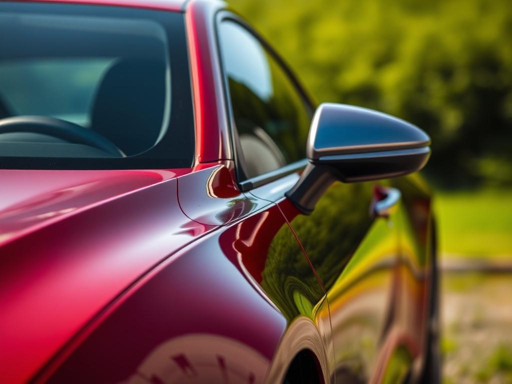 A close-up shot of a polished, pre-owned car with a shiny exterior, parked in a well-lit outdoor setting. The car is the only subject in the image, capturing its details prominently. The background features a blurred green landscape, enhancing the car's vibrant colors. The lighting is bright, reflecting the sun, emphasizing the car's curves and design.