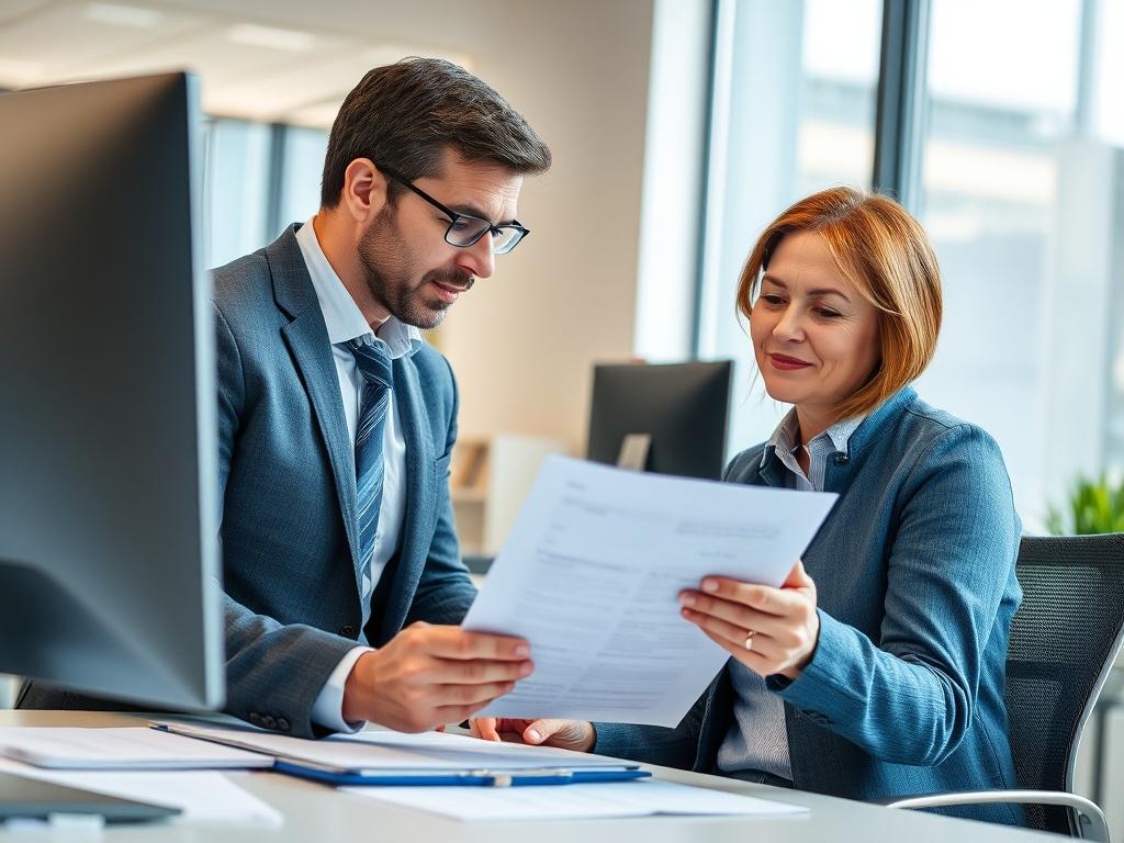 A professional RTO consultant assisting a customer with vehicle documentation in a well-lit office environment. The consultant is reviewing paperwork while the customer looks relieved and engaged. The background includes a desk with documents and a computer, showcasing a clean and organized space. The image conveys a sense of trust, efficiency, and professionalism in providing RTO services.
