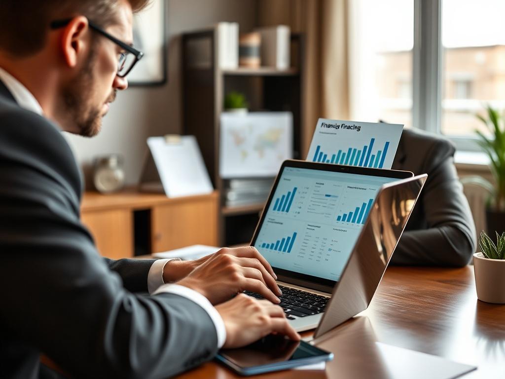 A professional financial advisor sitting at a desk, discussing financing