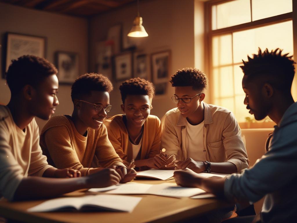 A group of enthusiastic young Africans collaborating on a project,