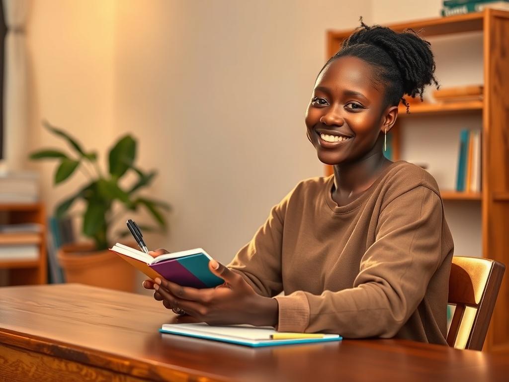 **Prompt for AI Image Generator:**

Create a realistic high-resolution image capturing the essence of "Empowering Youth Through Soft Skills Training". The image should focus on a single subject—a young African woman, around 20 years old, engaged in a moment of learning and personal development. She sits at a well-lit wooden table in a cozy, softly-lit indoor environment that radiates warmth and tranquility.

The woman, lightly smiling, holds a colorful notebook and a pen, indicating her active participation