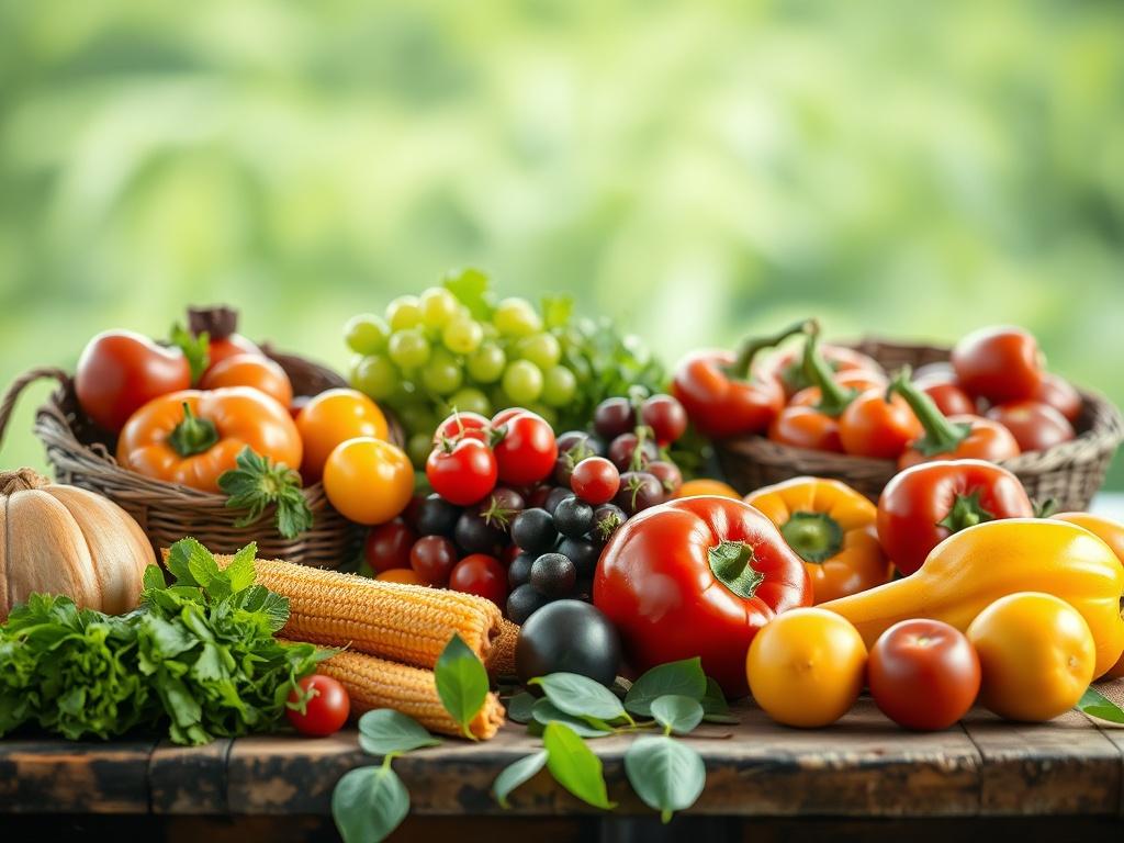 A realistic high-resolution photo of fresh agricultural commodities, including vibrant fruits and vegetables, freshly harvested and arranged aesthetically on a rustic table. The composition should focus on the freshness and quality of the produce, with a blurred green background suggesting a farm environment. Soft, natural lighting should enhance the colors and appeal of the commodities.