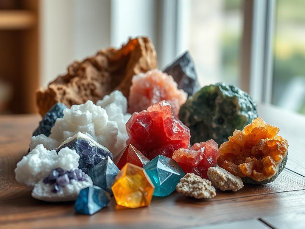 A realistic high-resolution photo of a variety of high-quality solid minerals displayed on a wooden table. The minerals should be shown in their natural state, showcasing their unique colors and textures. The background should be softly blurred to emphasize the minerals, with a gentle light illuminating the scene, highlighting the richness and authenticity of the minerals.