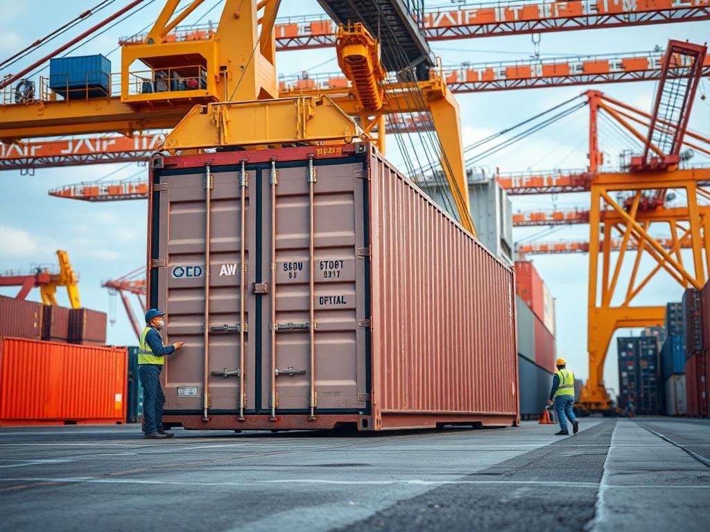 A realistic high-resolution photo of a logistics operation, featuring a large shipping container being loaded onto a cargo ship. The scene should capture the bustling activity of the port, with workers efficiently managing the loading process. The background should include cranes and other shipping containers, depicting the scale and precision of logistics operations in the export industry.