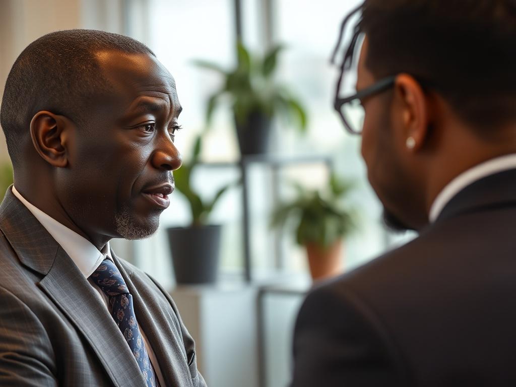 A close-up shot of a professional consultant discussing commodities with a client. The consultant is a middle-aged African man, dressed in business attire, exuding confidence and expertise. The background features a modern office setting with subtle hints of greenery to symbolize sustainability. The lighting is warm, creating an inviting atmosphere, and the focus is sharp on the consultant's expressive face, capturing the essence of professionalism and trust.