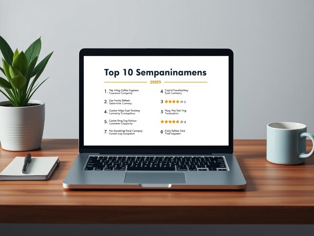 Create a realistic high-resolution photo featuring a single, focused subject: a sleek, modern laptop open on a wooden desk. The screen displays a thoughtfully designed blog post layout that visually represents a list of the "Top 10 Ghostwriting Companies in 2025". The background should be softly blurred with a minimalist, contemporary home office environment that includes a potted plant, a stylish notebook, and a coffee mug, emphasizing a productive and creative atmosphere.

The laptop should prominently di