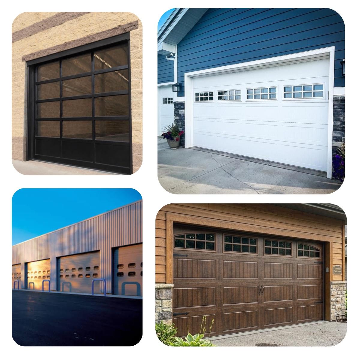 <strong>Grid showcasing residential, commercial, and municipal garage doors by Expert Door Company, including modern full-view glass, classic white carriage house, heavy-duty industrial warehouses, and realistic walnut wood-grain steel doors.</strong>