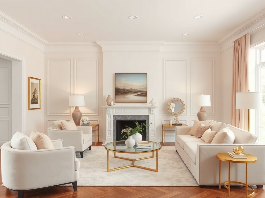 Beautifully designed and decorated living room with warm neutral palette and elegant furnishings