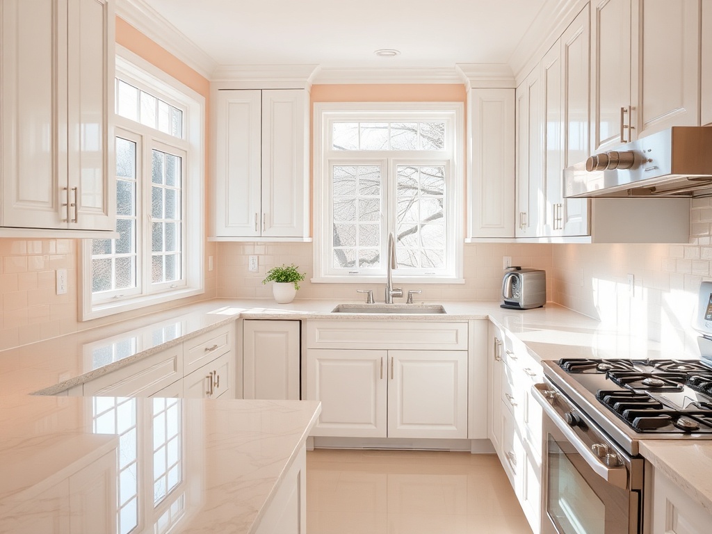 Professionally cleaned and gleaming kitchen with sparkling countertops and stainless steel appliances