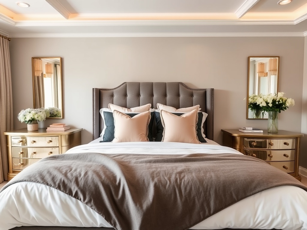 Warmly decorated master bedroom with elegant design and tasteful styling